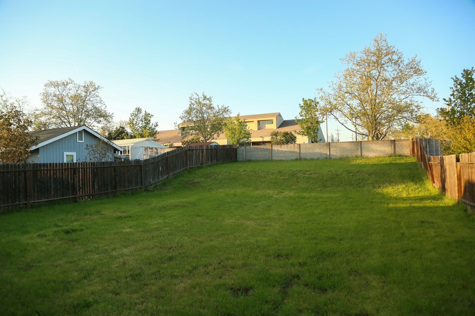 Jardin en herbe avant la pose d'une terrasse (photo d'illustration)