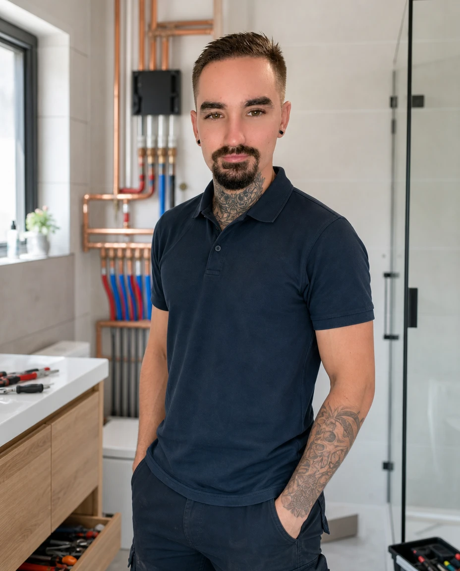 Anthony Milon, plombier et menuisier à Bouin (Vendée), dans une salle de bains en rénovation — AM Service